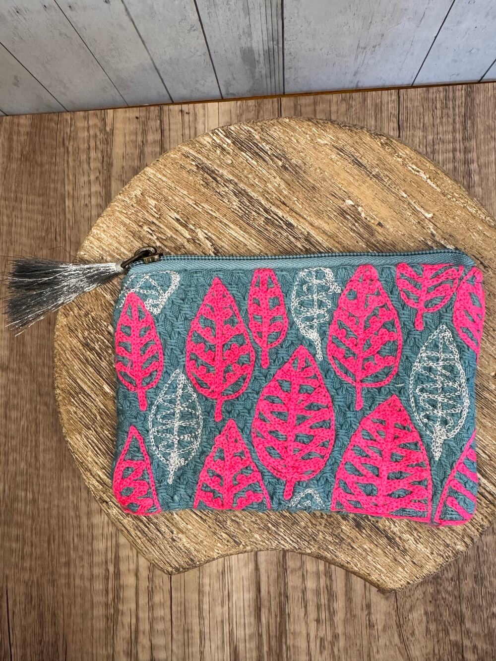 Spring Coin Purse 6 x 4 in Makeup Bag Cotton Pouch Blue Pink Leaves NEW